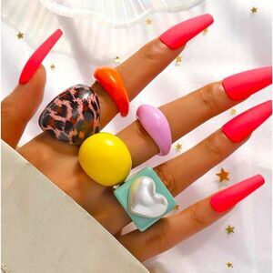 Y2K Indie Rave Festival 5 Piece Leopard Neon Ring Set